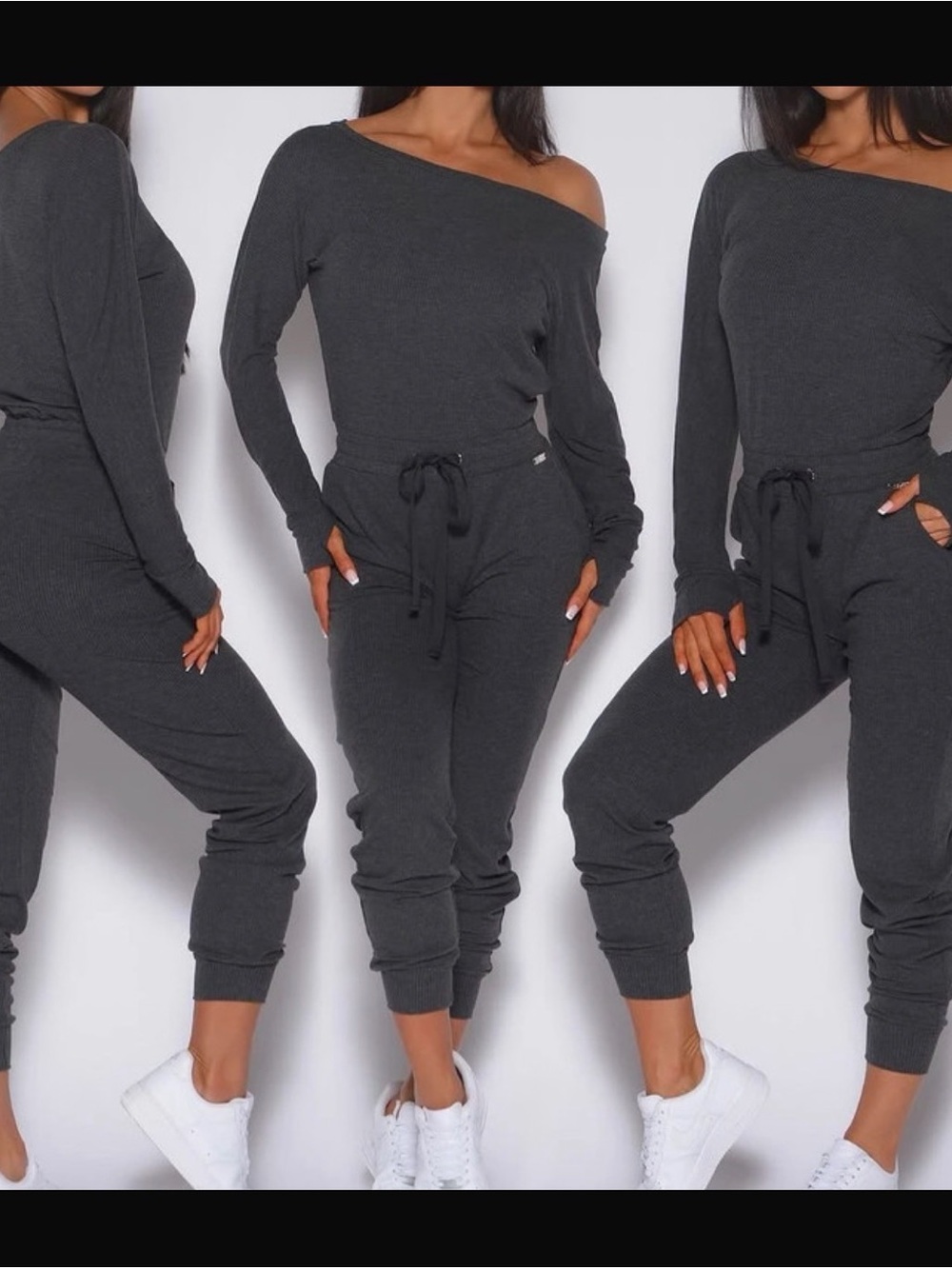 Bombshell sportswear Off-Shoulder Ribbed Jogger Jumpsuit - black